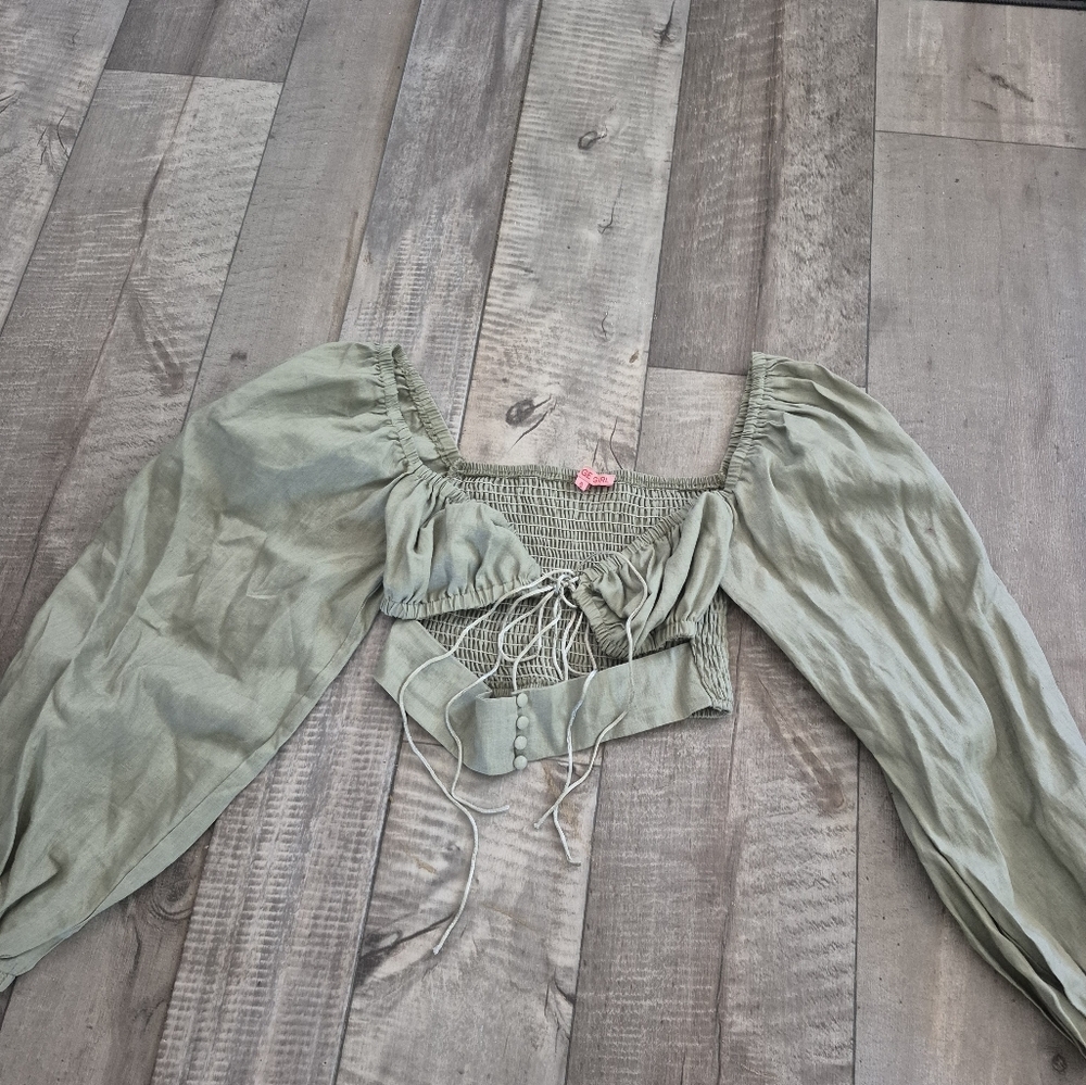Verge Girl Crop Top Cutouts Balloon Sleeves Sage Green Smocked EUR 8-US 4/S - Picture 4 of 5